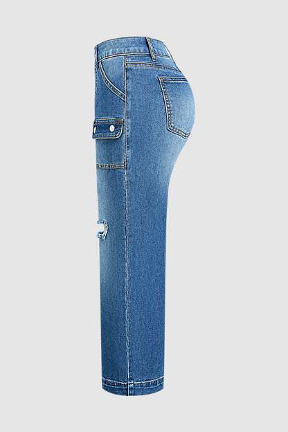 Ripped Flap Decor High Waist Straight Leg Cropped Jeans