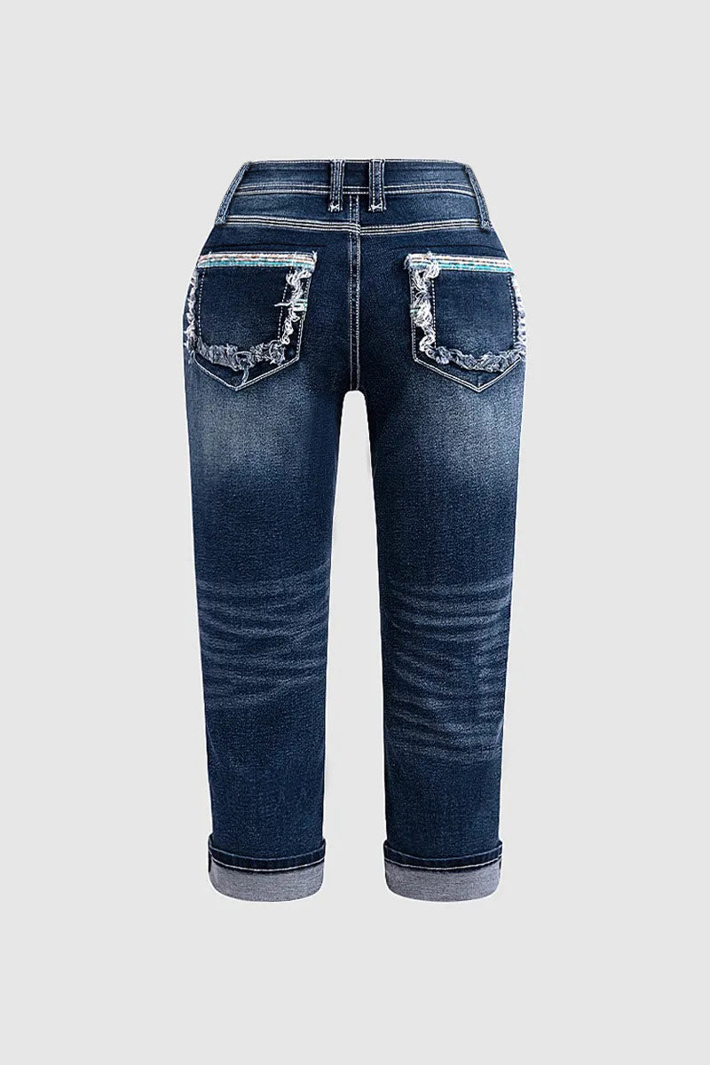 Ripped Roll Hem Wash Stretchy Low Waist Capri Jeans