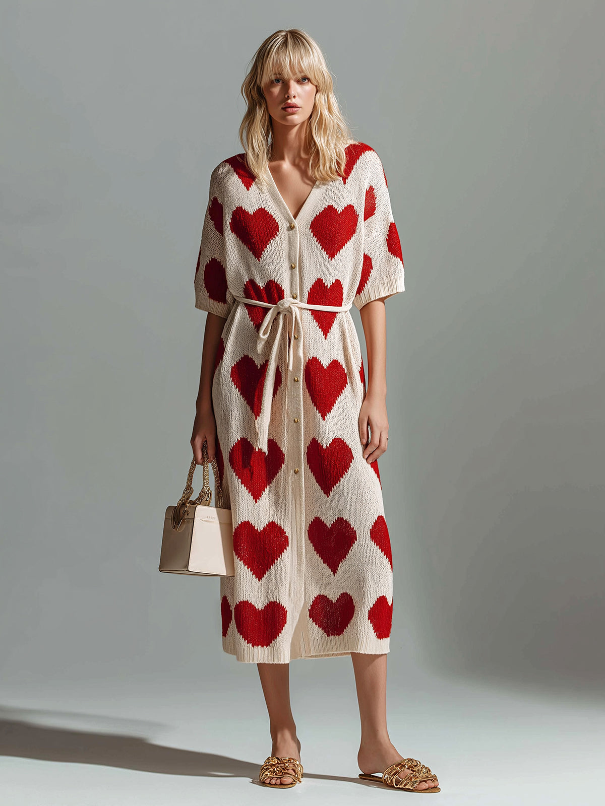 Chic Elegant Red-Beige Heart Pattern V-Neck Single-Breasted Short-Sleeve Loose-Fit Tie-Waist Knit Midi Dress