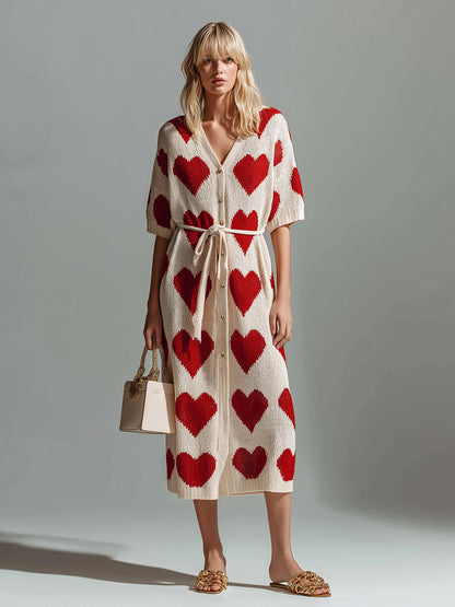 Chic Elegant Red-Beige Heart Pattern V-Neck Single-Breasted Short-Sleeve Loose-Fit Tie-Waist Knit Midi Dress