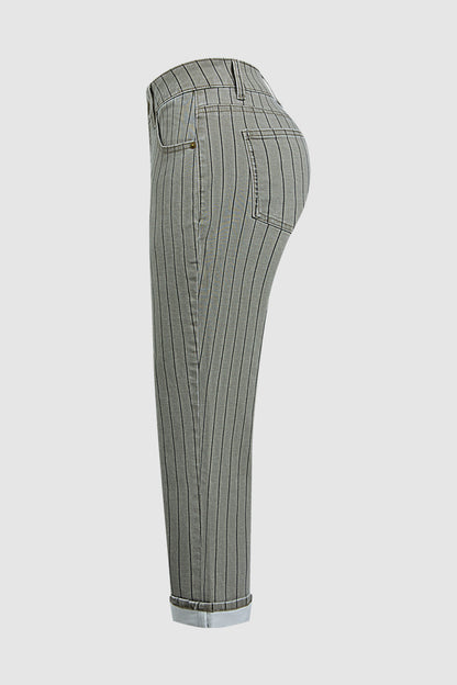 Pinstriped Roll Hem High Waist Straight Leg Cropped Pants Without Belt