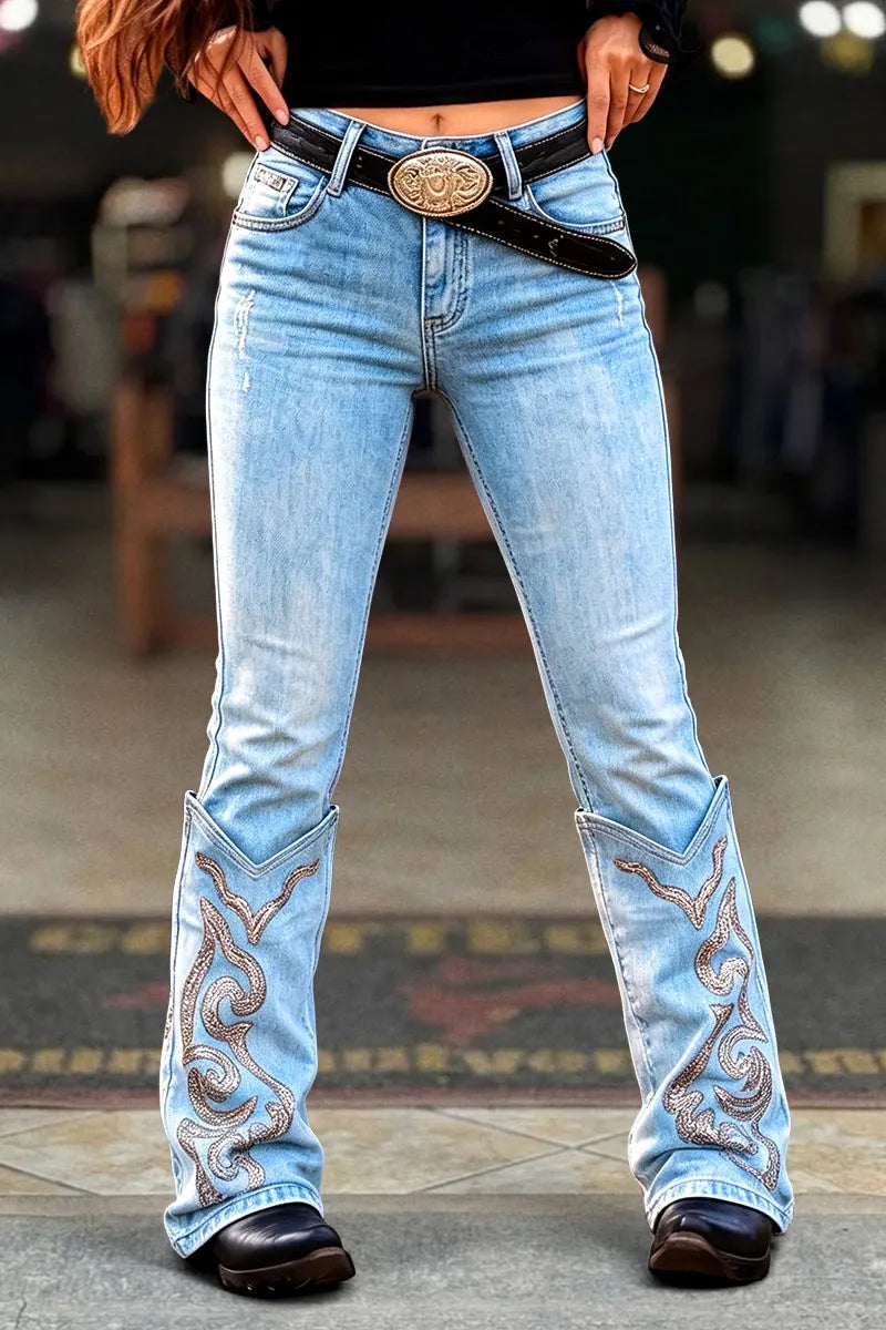 Wash Embroidery Faux Boot Cuff Mid Waist Bootcut Jeans Without Belt