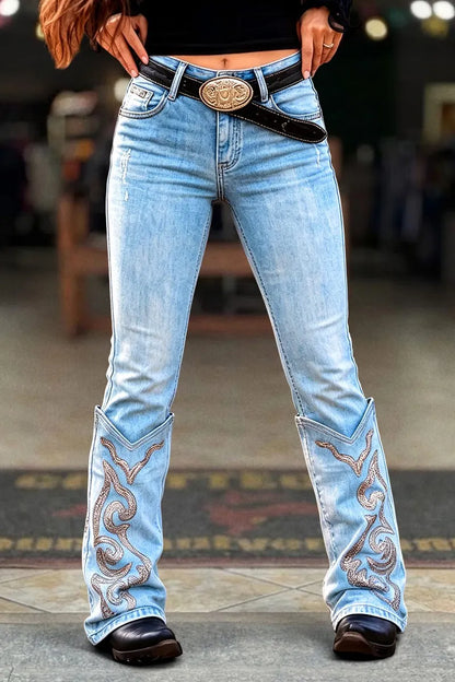 Wash Embroidery Faux Boot Cuff Mid Waist Bootcut Jeans Without Belt