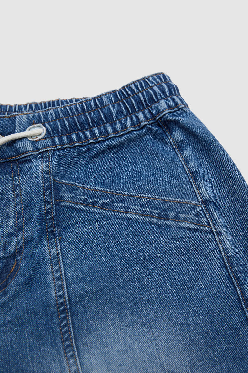 Raw Hem Stitch Detail Drawstring High Waist Denim Bermuda Shorts