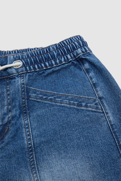 Raw Hem Stitch Detail Drawstring High Waist Denim Bermuda Shorts