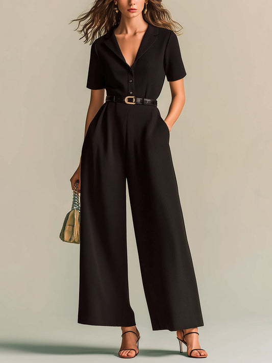 Chic Elegant Black Notched Collar Button-Front Short-Sleeve Tailored Waist Belted Wide-Leg Ribbed Knit Jumpsuit