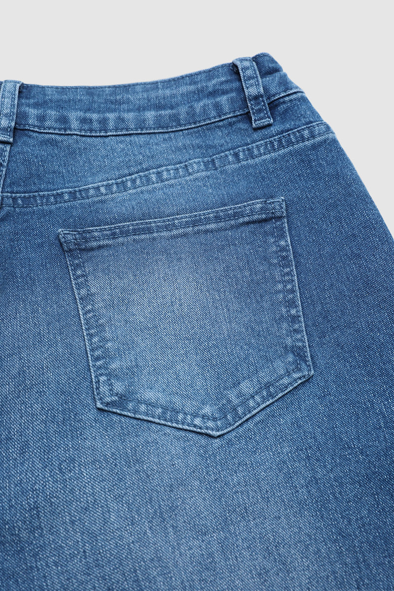 Wash Patched Pocket Mid Waist Straight Leg Crop Jeans Without Belt
