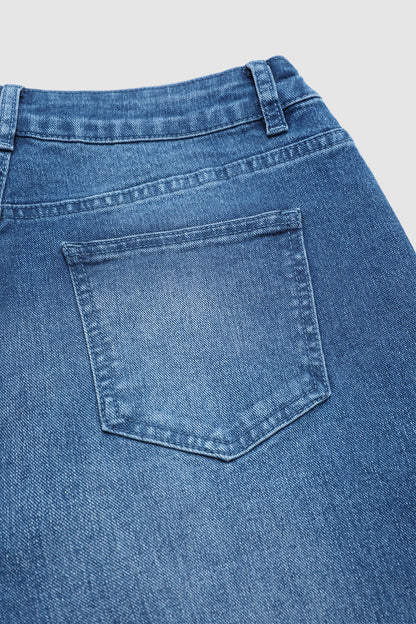 Wash Patched Pocket Mid Waist Straight Leg Crop Jeans Without Belt