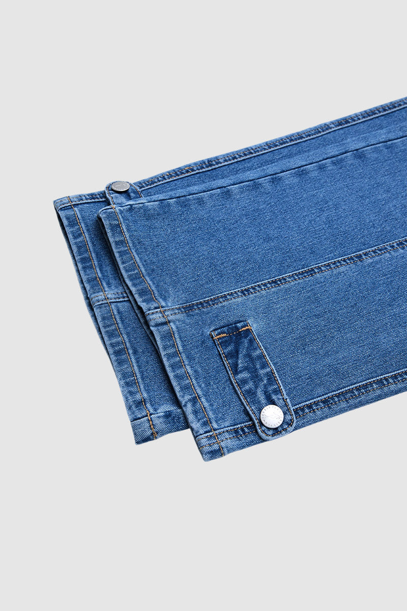 Stitch Detail Button Tab Wide Leg Mid Waist Jeans