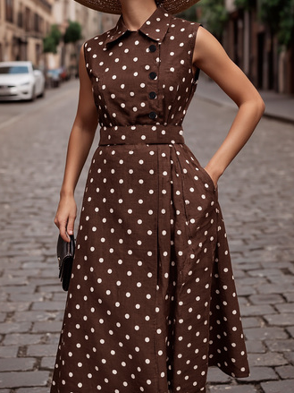 Robe midi en coton, sans manches, col châle, à pois, boutonnée, style vintage français, bleu violacé