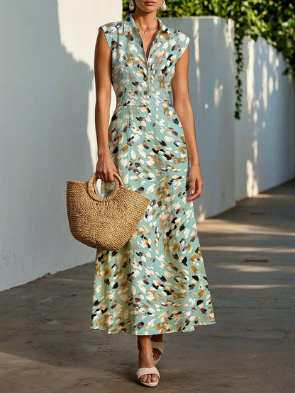 Robe longue en lin, manches courtes, col châle, léopard, imprimé animal, boutonné, vacances, vintage, menthe