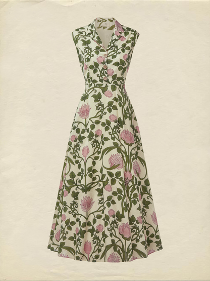 (TAILLE:XS-XXL) Robe Midi en Lin, Manches Courtes, Col Châle, Fleurie, Boutonnée, Vintage, Verte