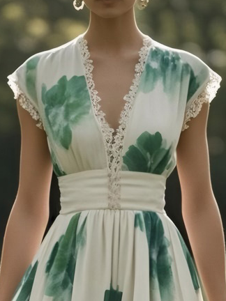 (TAILLE:XS-XXL)Robe longue en lin, sans manches, col en V, florale, vintage, verte