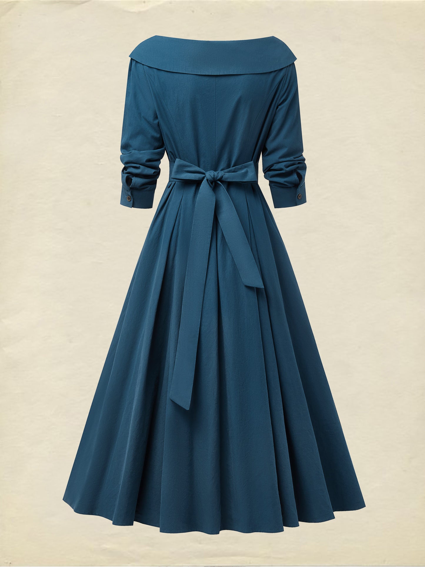 Robe midi en coton, demi-manches, col en V, unie, boutonnée, style vintage français, bleu marine
