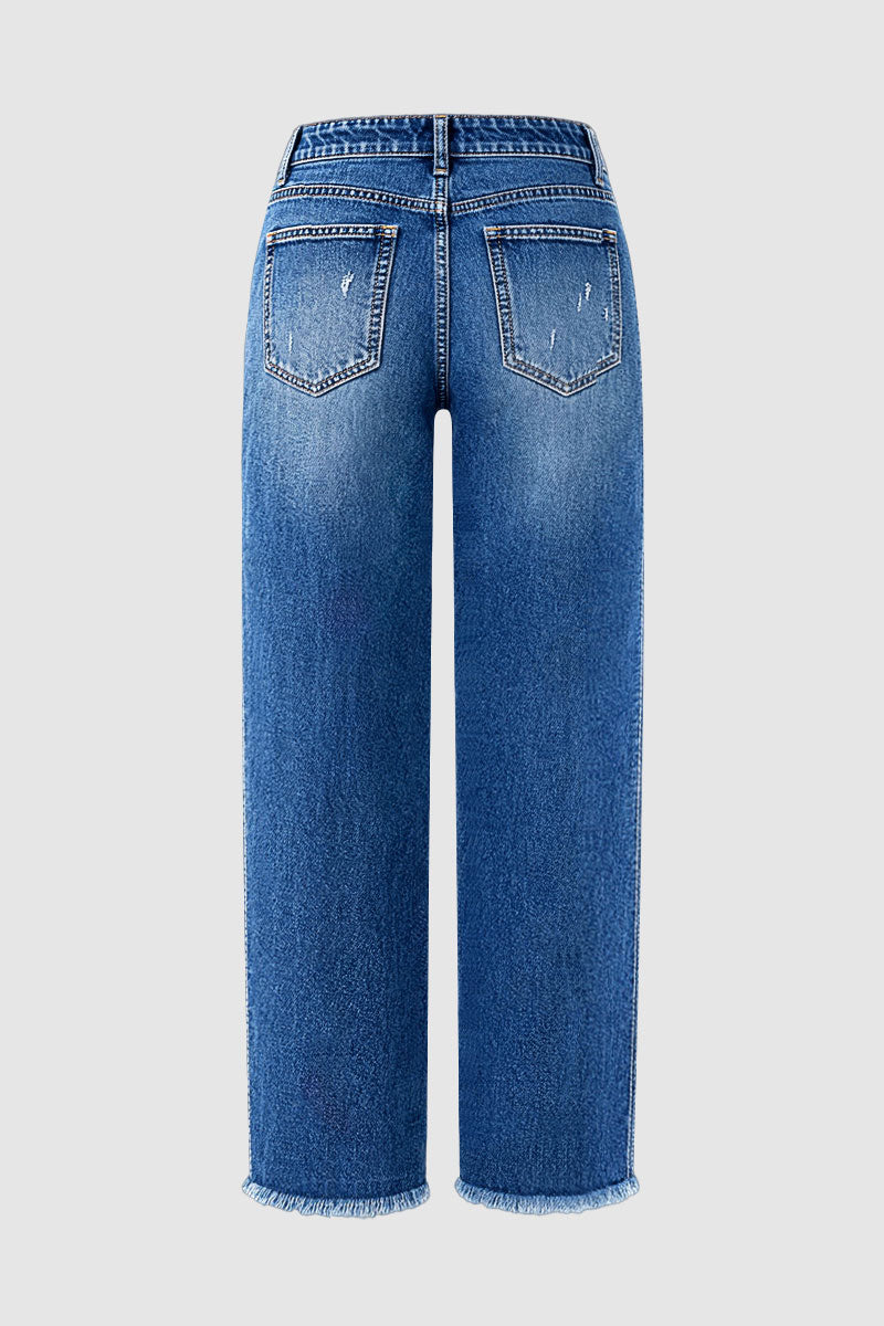 Wash Raw Hem Ripped Mid Waist Straight Leg Jeans