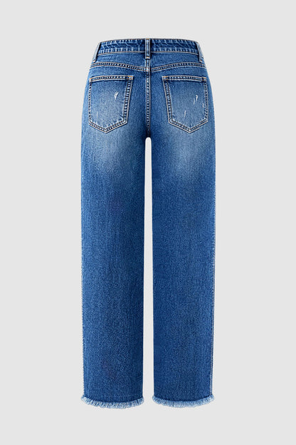 Wash Raw Hem Ripped Mid Waist Straight Leg Jeans