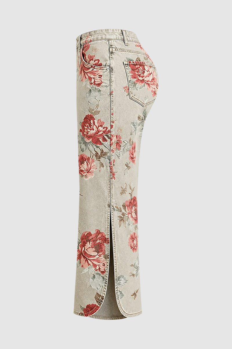 Floral Pattern Split Mid Waist Wide Leg Crop Pants Without Belt