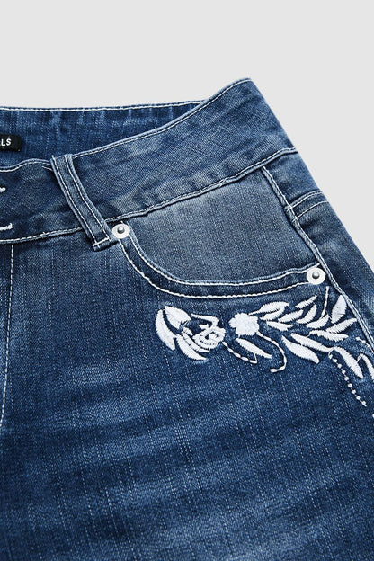 Plant Embroidery Button Decor Mid Waist Skinny Capri Jeans