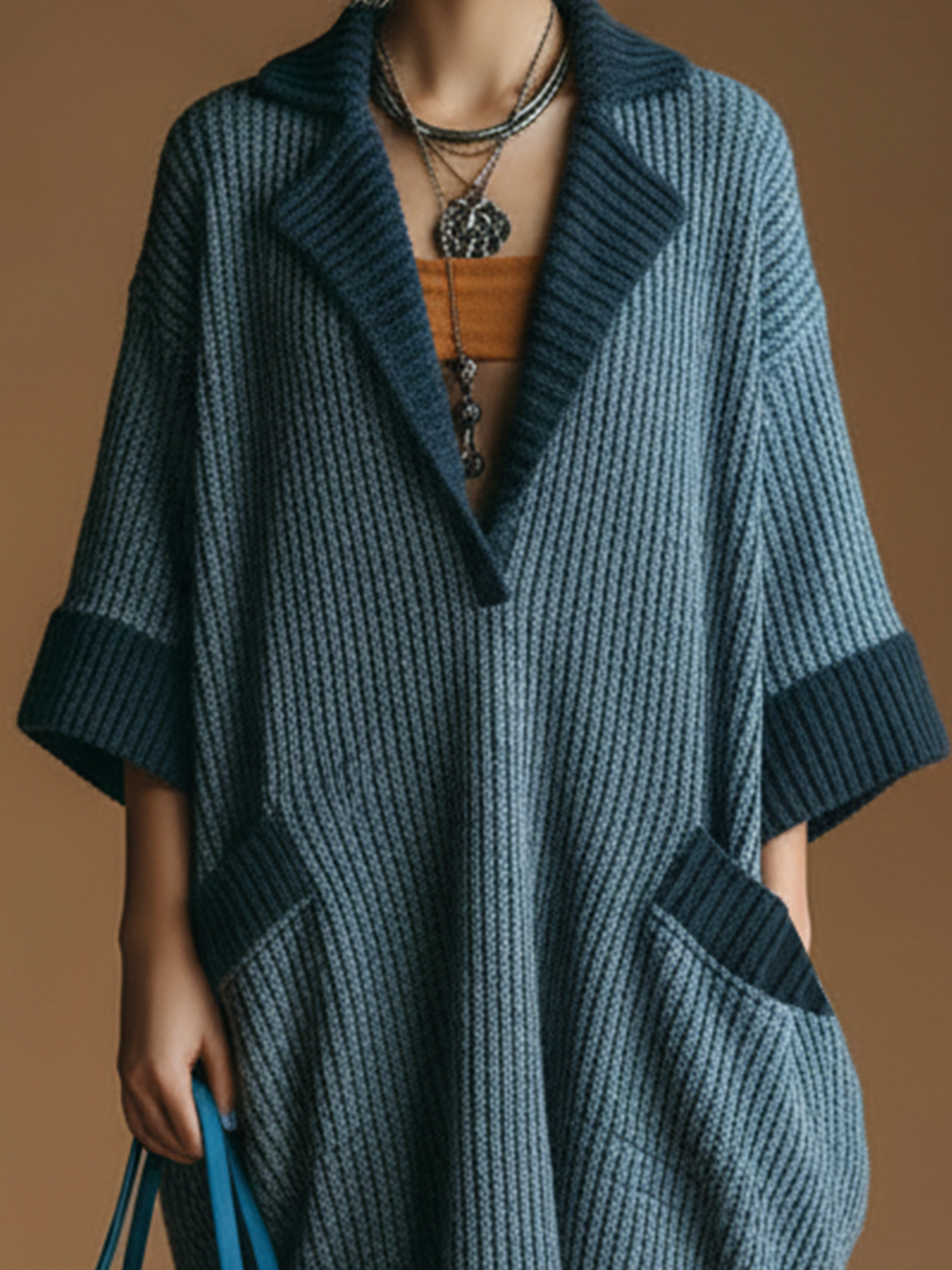 Chic Casual Dark Blue Notch Laple Contrast Trim Short-Sleeve Loose Ribbed Knit Midi Dress
