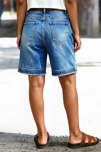 Wash Raw Hem High Waist Denim Bermuda Shorts Without Belt