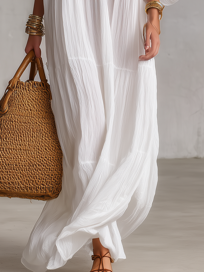 Robe longue bohème brodée col en V froissée type caftan