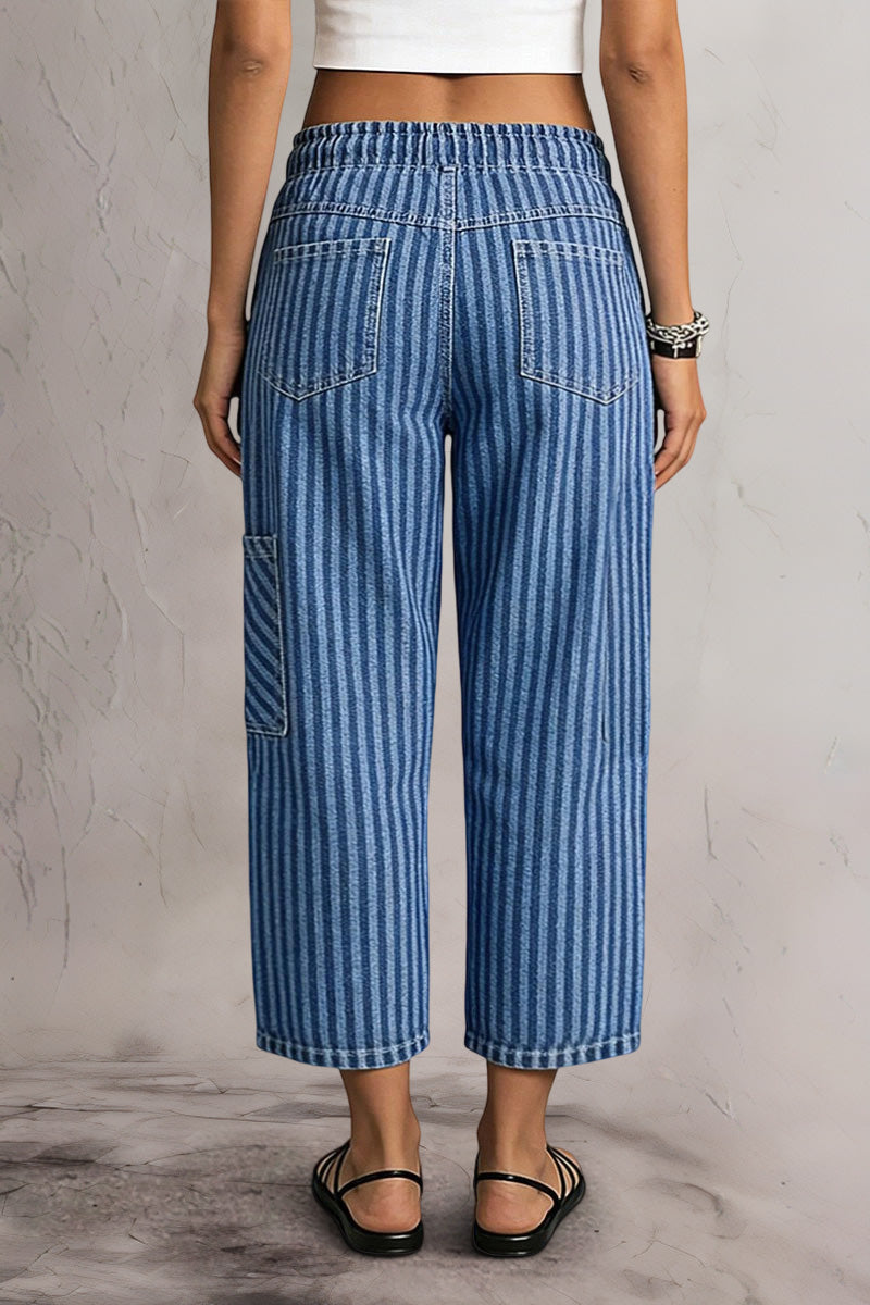 Striped Patch Pocket Drawstring Mid Rise Straight Leg Crop Jeans