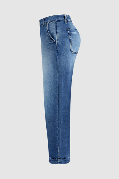 Wash Stitch Detail Mid Rise Barrel Leg Crop Jeans Without Belt
