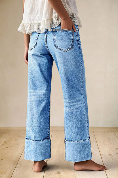 Wash Floral Embroidery Roll Hem Mid Rise Straight Leg Jeans