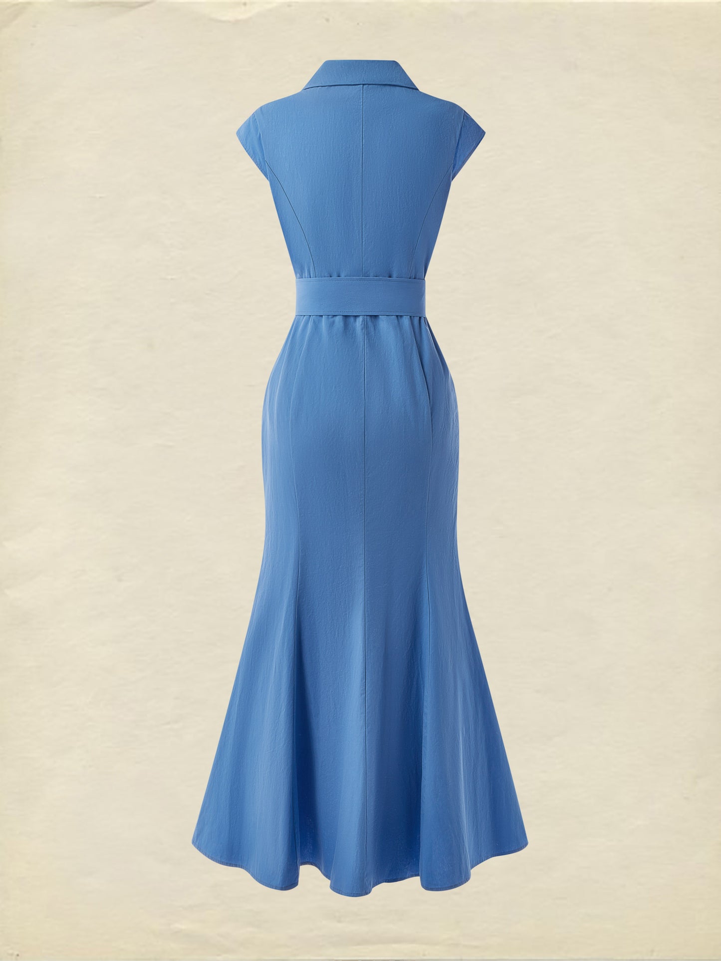 (TAILLE:XS-XXL) Robe longue en coton, Manches courtes, Col à revers, Unie, Vintage, Bleu