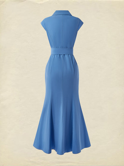 (TAILLE:XS-XXL) Robe longue en coton, Manches courtes, Col à revers, Unie, Vintage, Bleu
