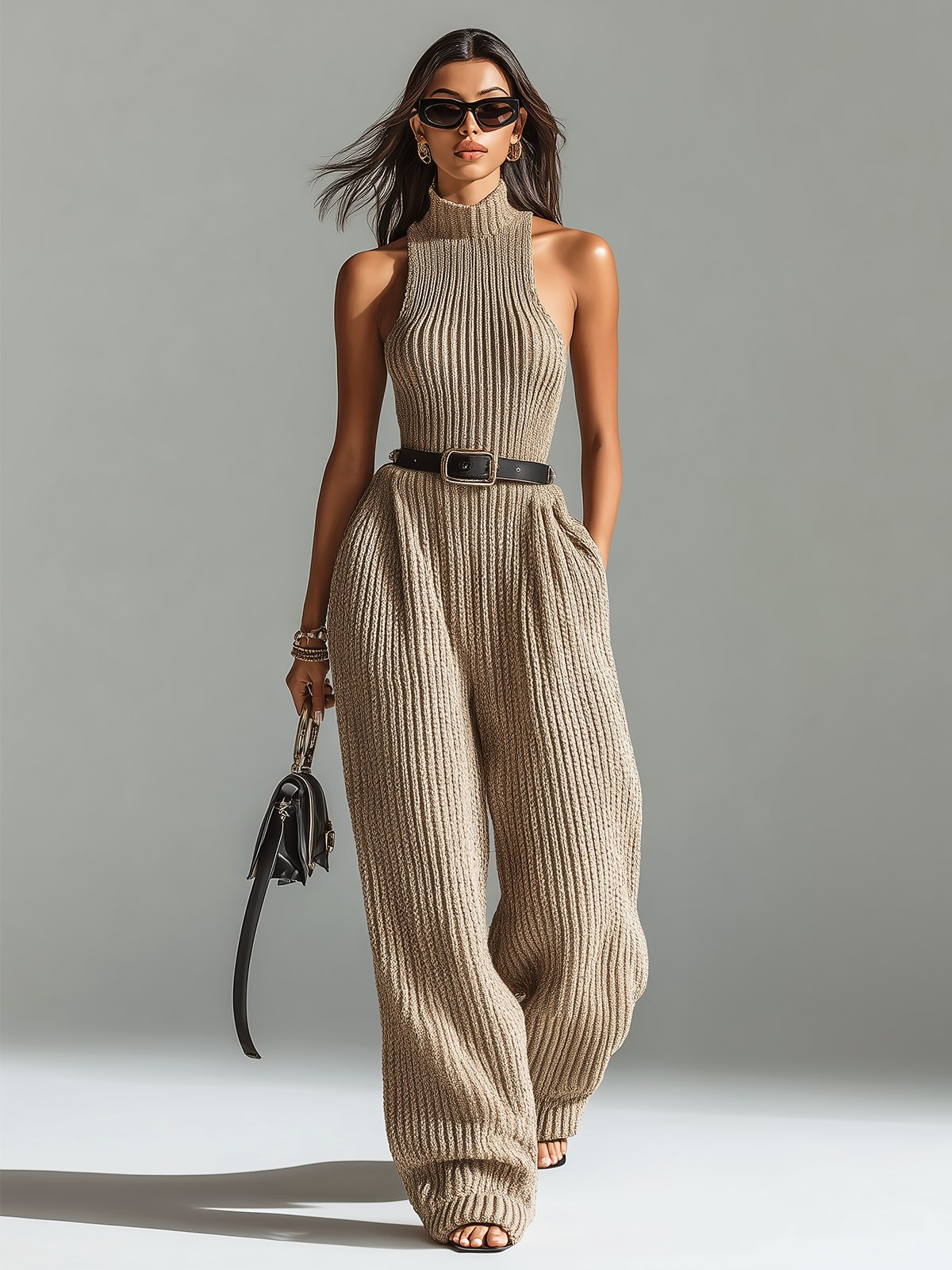Chic Elegant Camel Mock-Neck Sleeveless Slim Fit Belted Waist Wide-Leg Ribbed Knit Jumpsuit