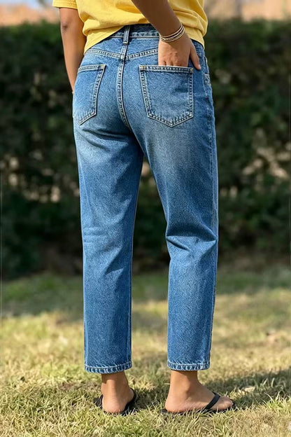 Wash Button Detail High Waist Straight Leg Cropped Jeans