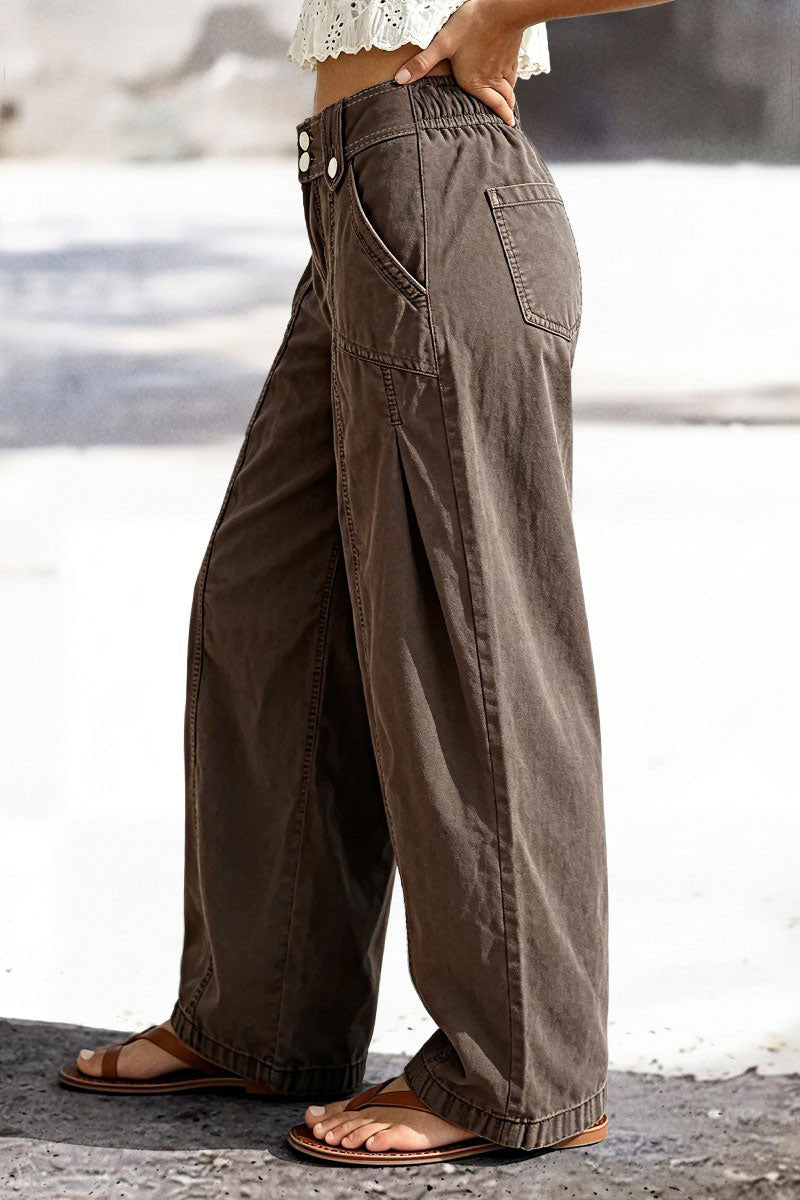 Solid Seam Front Pleated Elastic Back Mid Waist Wide Leg Pants