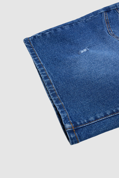 Wash Ripped Patch Pocket High Rise Denim Bermuda Shorts
