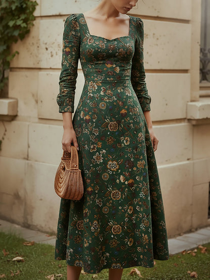 Robe midi en lin, manches longues, col carré, motif cachemire, vintage, verte