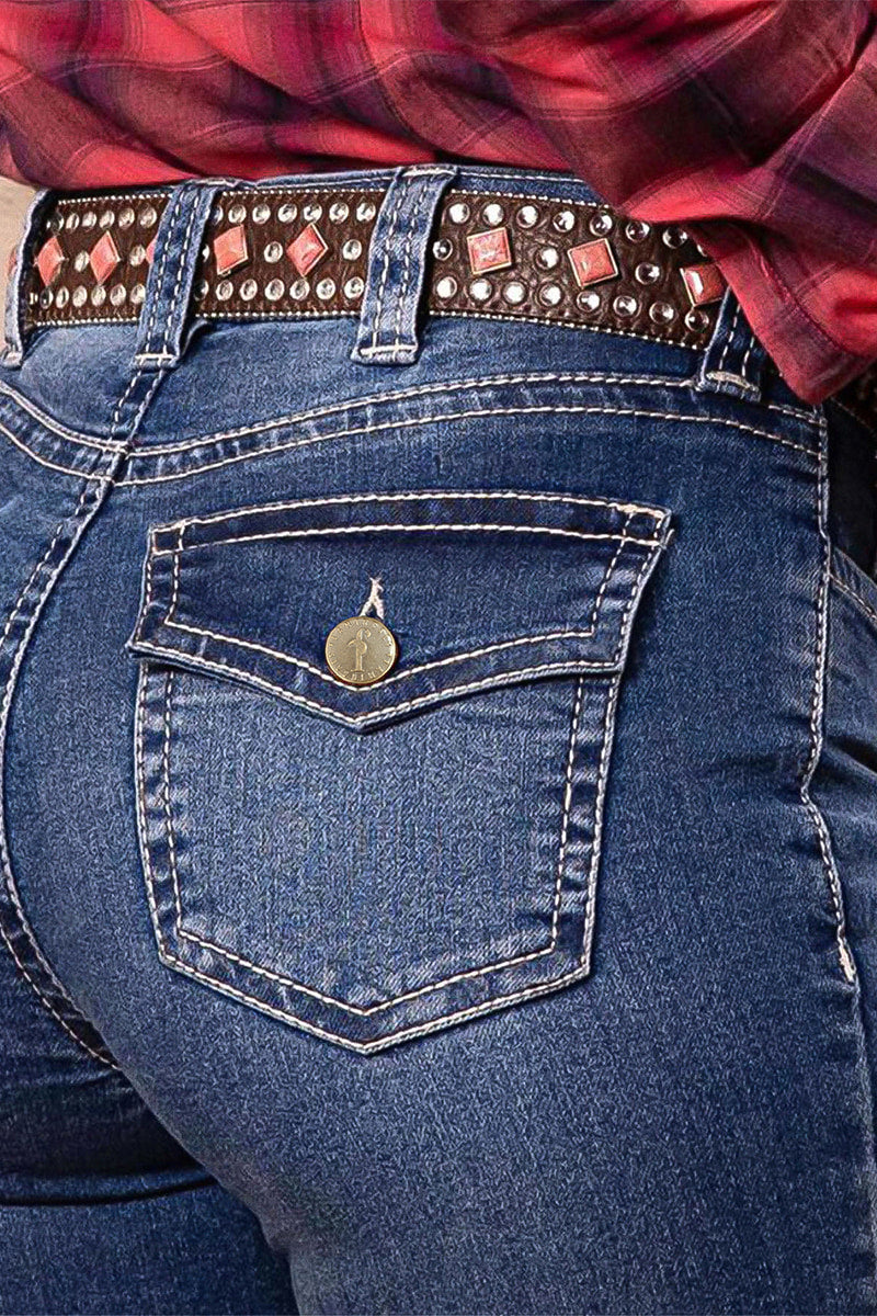 Wash Mid Waist Buttoned Hem Bootcut Jeans Without Belt