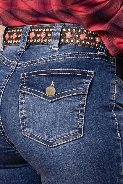 Wash Mid Waist Buttoned Hem Bootcut Jeans Without Belt
