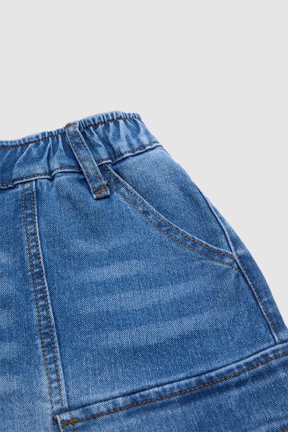 Wash Flap Pocket Seam Front Elastic Mid Rise Mid Thigh Denim Shorts