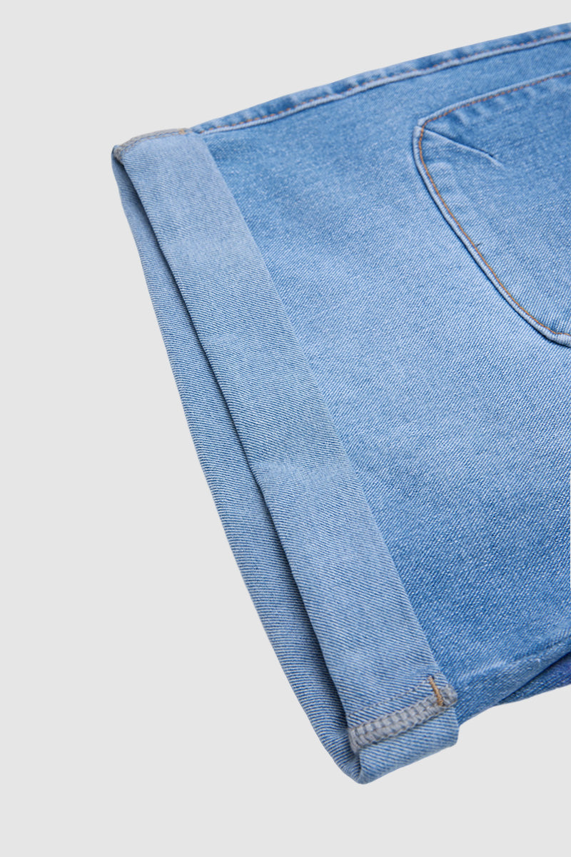 Wash Flap Pocket Roll Hem Mid Rise Denim Shorts Without Belt