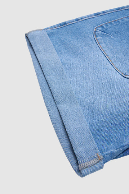 Wash Flap Pocket Roll Hem Mid Rise Denim Shorts Without Belt