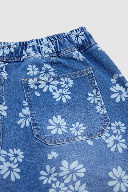 Floral Print Drawstring Mid Waist Denim Bermuda Shorts
