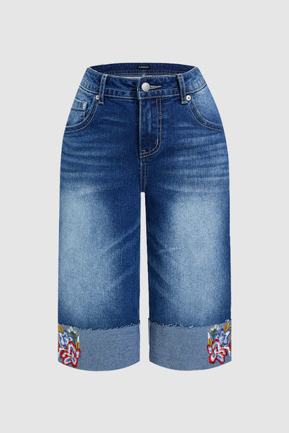 Wash Floral Embroidery Roll Hem Mid Rise Denim Bermuda Shorts