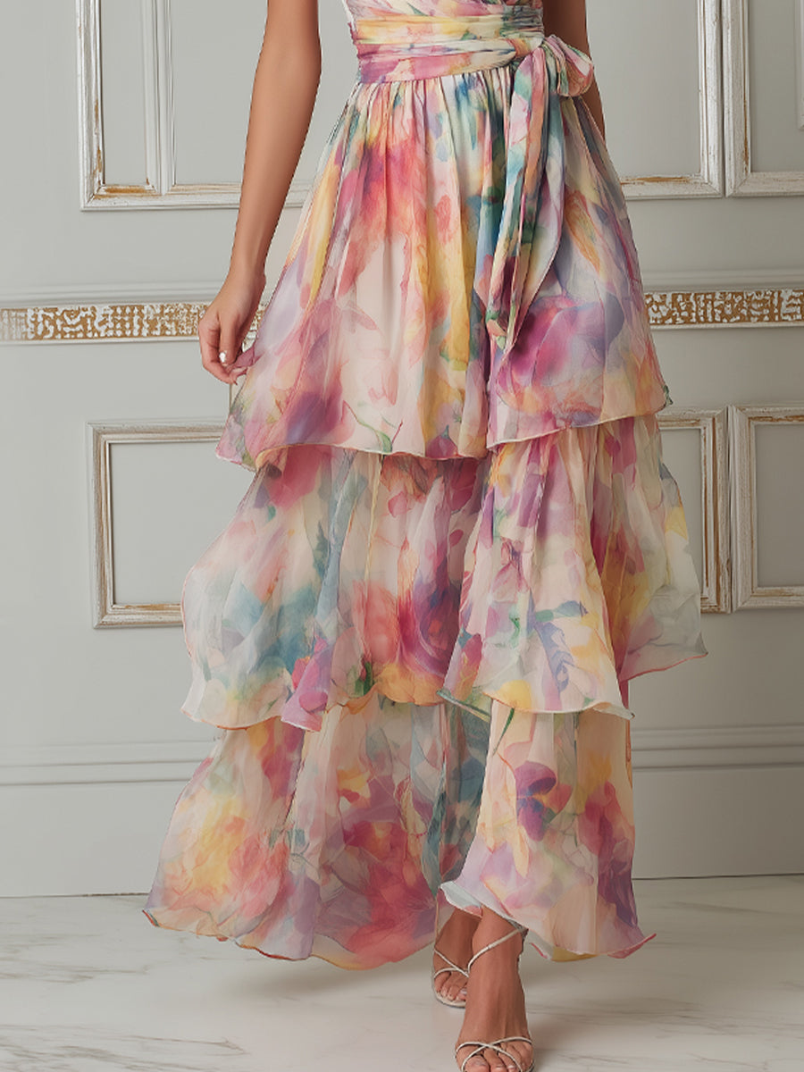 Vibrant Watercolor Tiered Chiffon Maxi Dress