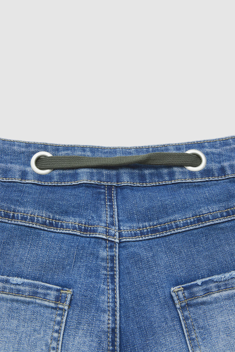 Drawstring Patch Pocket Mid Waist Barrel Leg Jeans