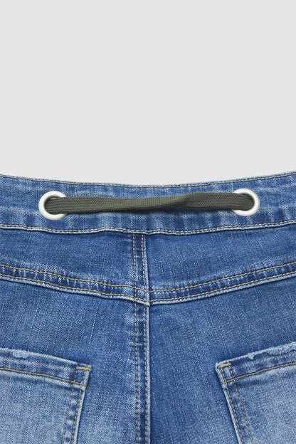Drawstring Patch Pocket Mid Waist Barrel Leg Jeans