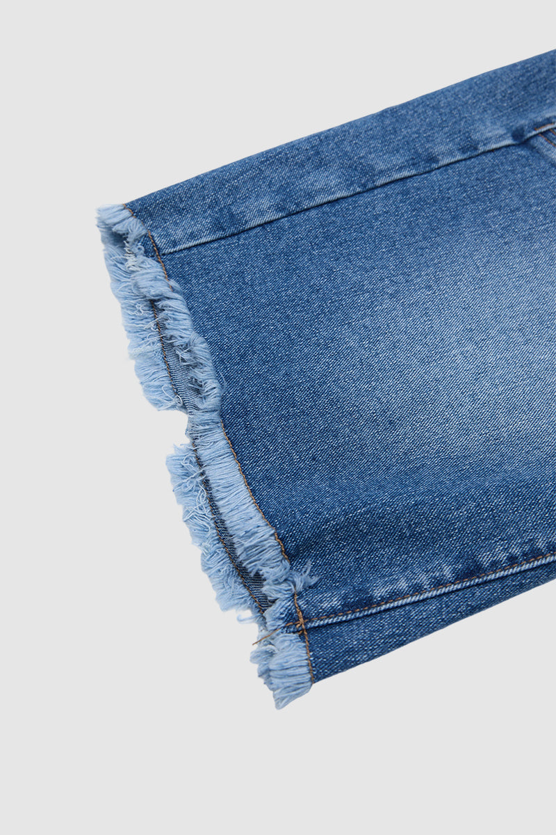 Raw Hem Stitch Detail Drawstring High Waist Denim Bermuda Shorts