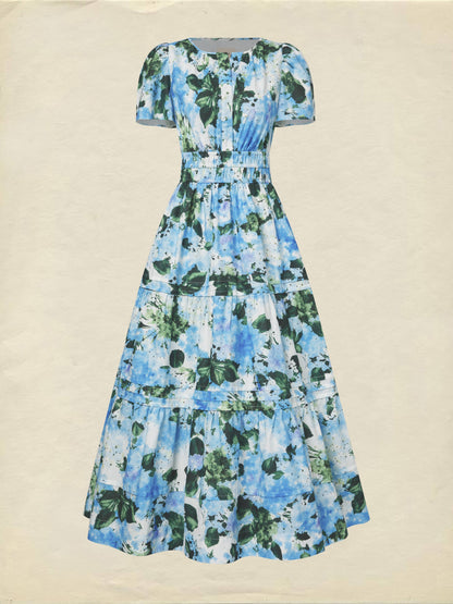Robe longue en coton, manches courtes, col en V, motif floral, vintage, bleue