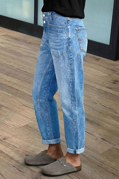 Wash Patch Pocket Dual Button Mid Rise Barrel Leg Crop Jeans
