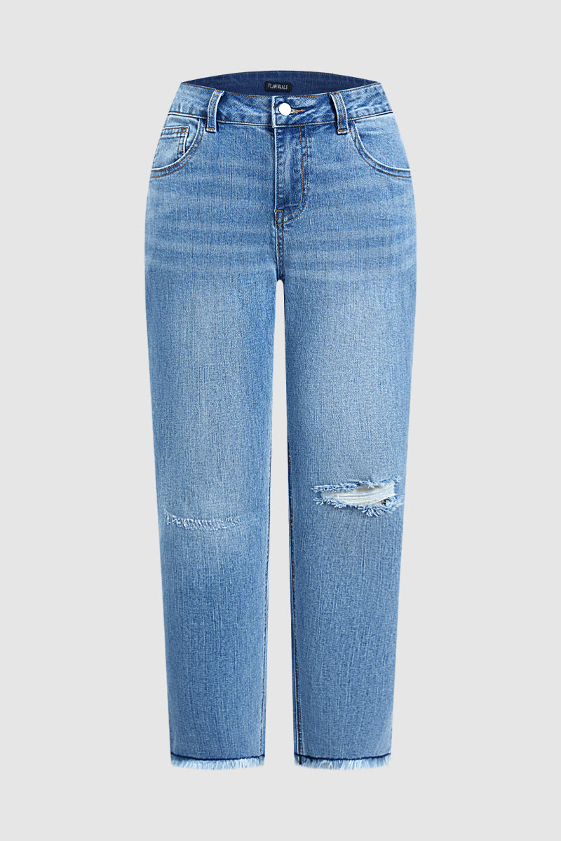 Wash Ripped Raw Hem Mid Rise Straight Leg Crop Jeans