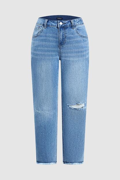 Wash Ripped Raw Hem Mid Rise Straight Leg Crop Jeans